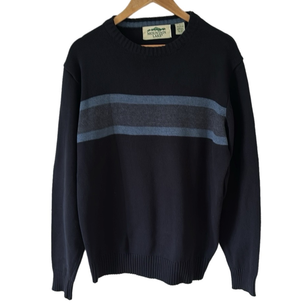 Retro Mountain Lake Chest Stripe Cotton Crewneck Navy Sweater